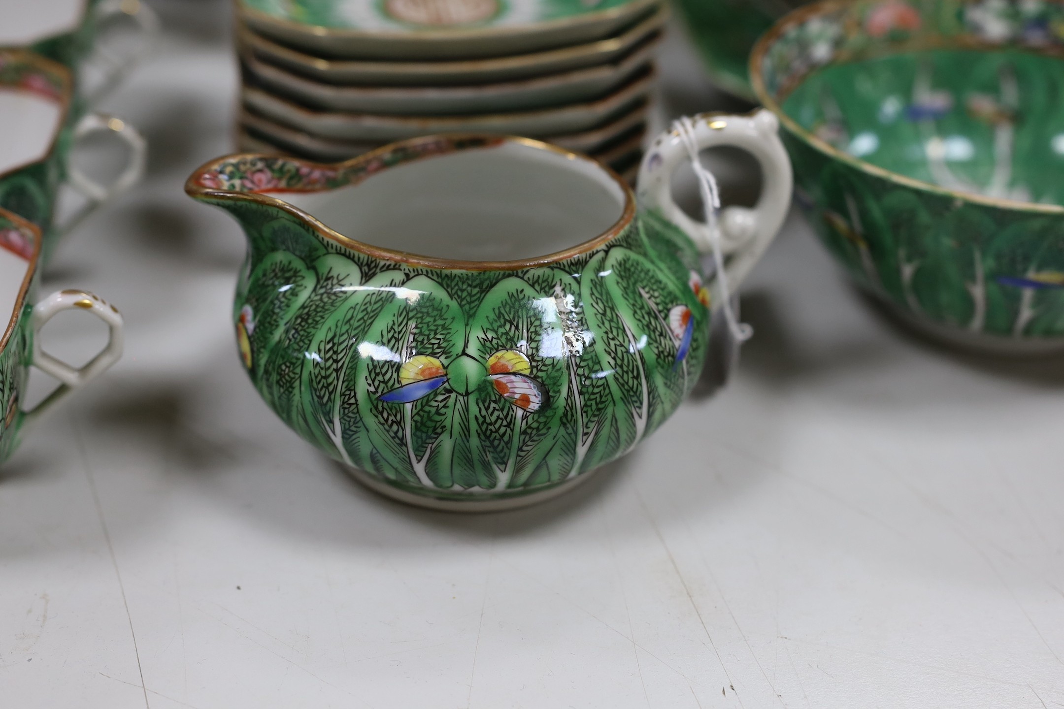 A Chinese pakchoi cabbage pattern set of tea cups and saucers, others similar, Republic period